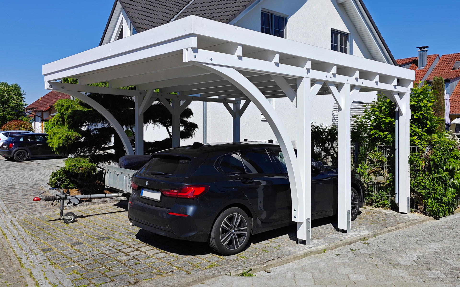 Doppelcarport 510x510 cm mit Leimholzbögen, 240 cm Einfahrtshöhe und 125 kg/m² Schneelast